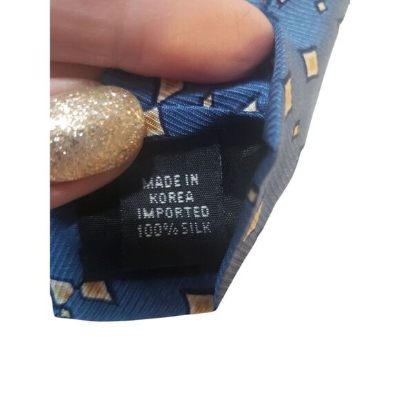 Woodward Mens‎ Tie Necktie Pre-Loved Luxury Blue Yellow Geometric Suit Casual - Picture 8 of 12